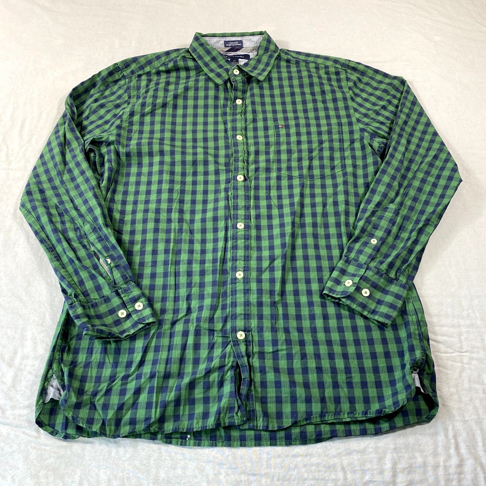 Tommy Hilfiger Shirt Mens Large Green Blue‎ Plaid Button-Up Preppy Casual Adult